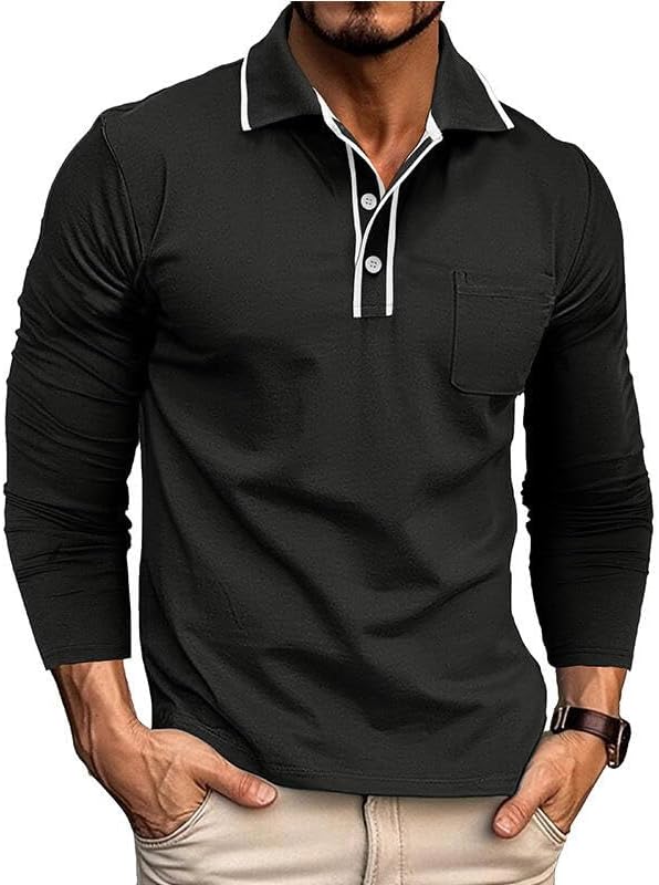 Mens Lengthy Sleeve Polo Shirts Informal Cotton Tee Shirts Collared Polo Wo…
