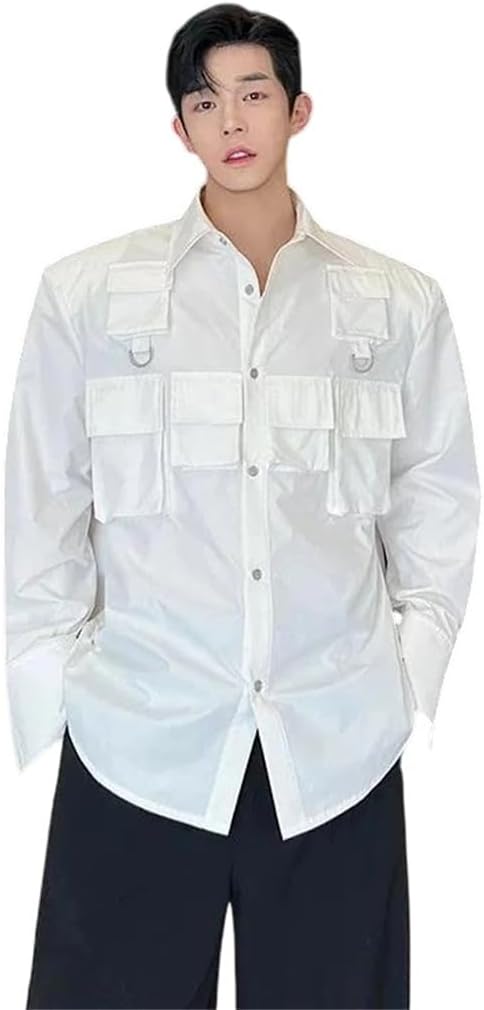 Pulcykp Mens Cargo Shirt Multi Pocket Hip Hop Shoulder Padded Lengthy Sleeve Streetwear Design Shirt