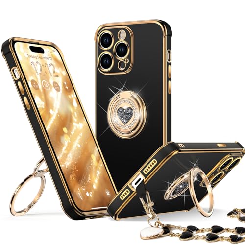 XYZ for iPhone 14 Pro Back Cover Case with Stand, Phone Case with Double Ring Kickstand, Women Girls Bling Luxury Protective Case Heart for iPhone 14 Pro, Black