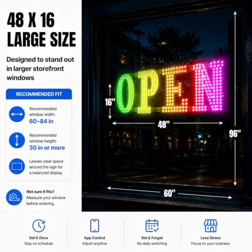 Image of 48 inch x 16 inch Large LED Open Sign for Business - Smart App & Remote Control, Timer, Custom Colors & Brightness - High Visibility for Storefronts, Restaurants, Bars, Salons, Cafes