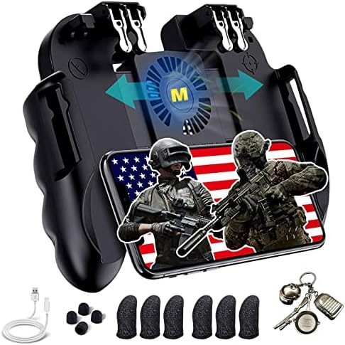 8 in 1 PUBG Mobile Phone Game Controller w/Cooling Fan, Cell Phone Gaming L2R2 L1R1 Triggers gamepad for PUBG/Fortnite/Call of Duty for 4.7-6.5" Android iOS Phone with 6pcs Finger Sleeves