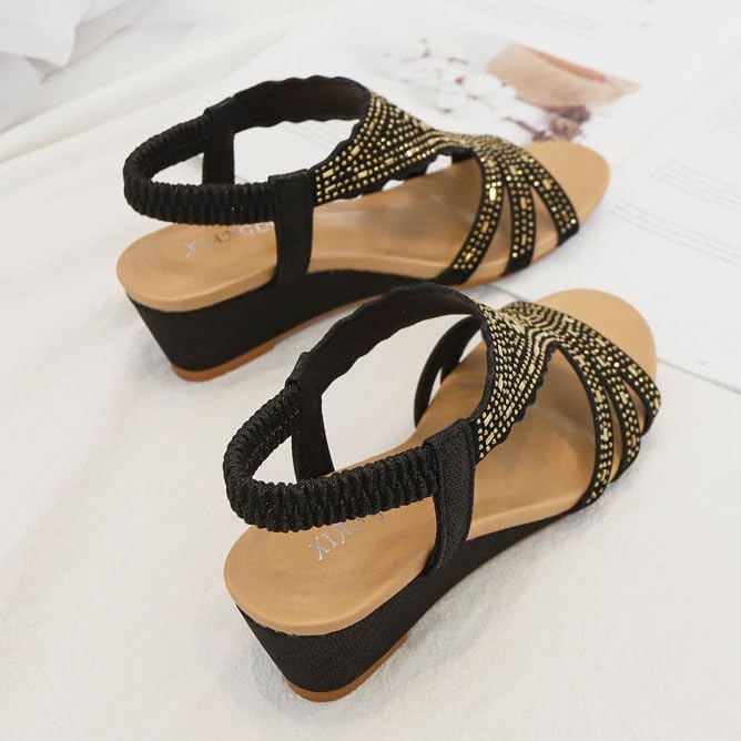 Wedge Sandals Women, Women's Boho Elastic Ankle Strap Rhinestone T-Bar Open Toe Beach Wedge Sandals, Summer Non-slip Breathable Platform Shoes, for Outdoor, Daily, Work, Leisure, Walk4