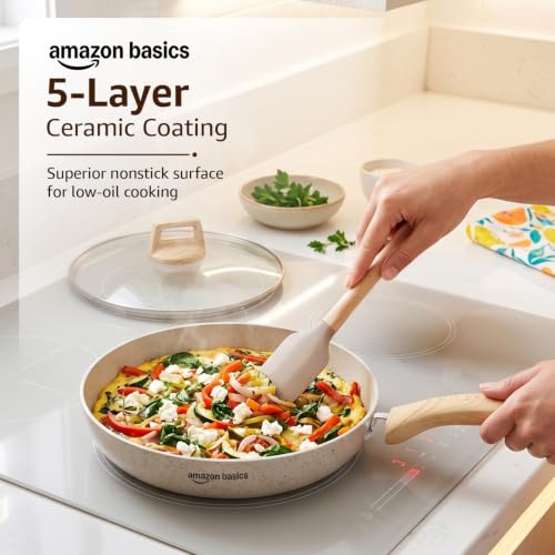 Image of Amazon Basics Non Stick Ceramic Frying Pan 26 cm with Lid | 5 Layer Coating | Wooden Finish Bakelite Handle | Induction & Gas Compatible | Low Oil Cooking | Durable Flat Base | Ivory