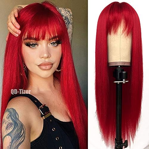 QD-Tizer Red Color Long Silky Straight Wigs with Bangs Synthetic Wig