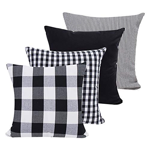 Fundas de almohada decorativas de lino y algodón, diseño de cuadros escoceses, a cuadros, color negro, 45,7 x 45,7 cm