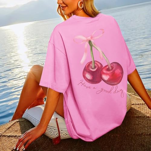 BINTEHGS Oversized Graphic Tees for Women Trendy Cherry Printed Shirt Cute Summer Aesthetic Cotton Tshirts Tops for Teens2