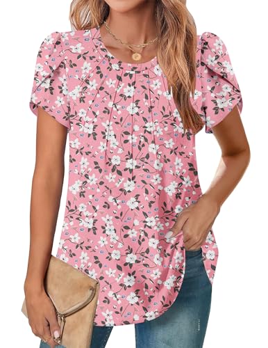 Image of Zeagoo Womens Tops Petal Short Sleeve Summer Casual Dressy Shirts Floral Solid Blouse Pleated Tunics S-XXL