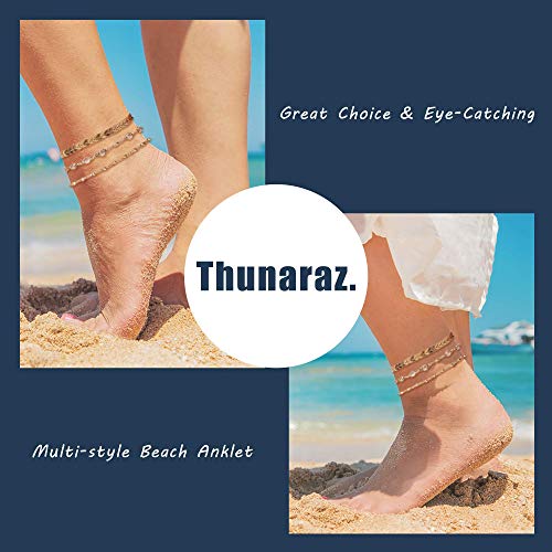 Thunaraz 3 Pcs Fashion Gold Anklet for Women Dainty Sparkly CZ Flat Mariner Foot Chain Heart Anklet Adjustable Summer Boho Colored Bead Evil Eye Anklet Cute Beach Jewelry Set