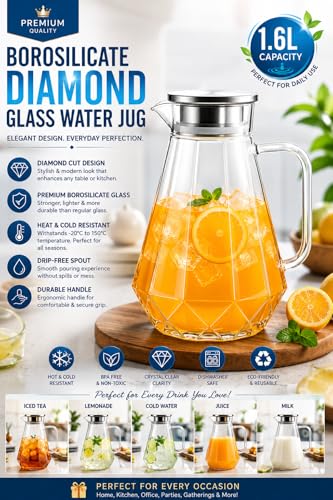 Image of PrimeWorld 1 Pc Premium Juice and Water Glass Pitcher jug with Wooden Lid and 1.1 Liter Jug Romantic Style Water jug with Handle hot Cold Water, Milk and Juice Beverage Carafes