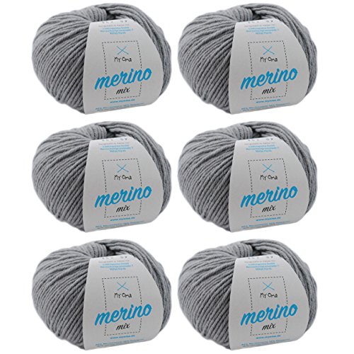 MyOma Merino Mix Wolle zum Häkeln und Stricken - Kiesel (Fb 302) - 6 Knäuel Grau - 50g/120m - Weiche Mischwolle + GRATIS Label
