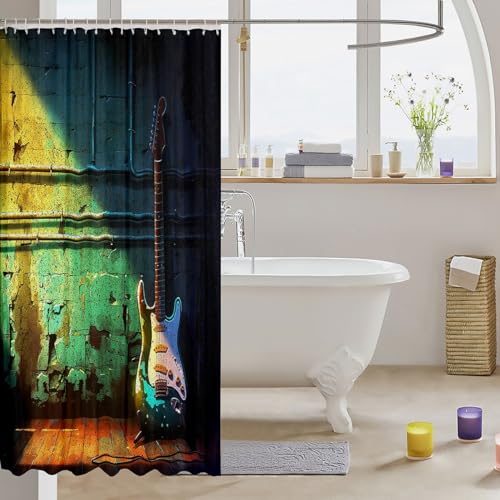 Image of Guitar Bath Curtain Music Themed Shower Set for Stalls Bathtubs - Instruments Print Ultra Soft Decor Musical Pattern Waterproof Bathroom Curtains 72x78 Inch