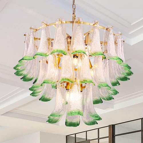 TOCHIC Mid Century Modern Chandelier Light Fixture, Gold Tiered Green Glass Chandelier for High Ceiling, Large Floral Pendant Ceiling Lighting for Living Room, Hall, Foyer, 30in W