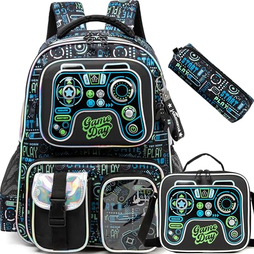 Meetbelify Backpacks for Boys School Backpacks for Elementary Students Ages 8-10 Kids Aesthetic Travel Backpack Laptop Bookbag with Lunch Box Pencil Case 3 in 1 Backpack Set for Boys