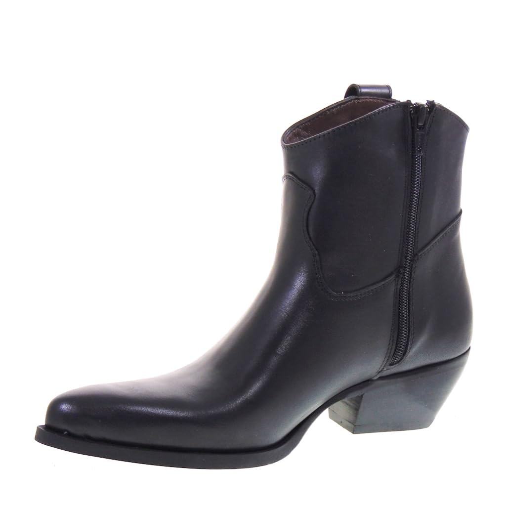 504 Texani Bassi Donna Pelle Nero Tacco Western 4Cm Suola Gomma Gambale Caviglia