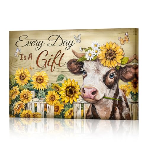 Farmhouse Highland Cow Wall Art Rustic Sunflower Daisy Decor Country