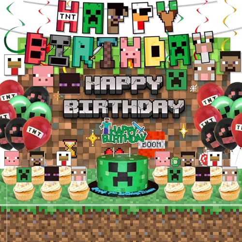 Pixel Birthday Party Decorations, Party Supplies Set Including Ba...