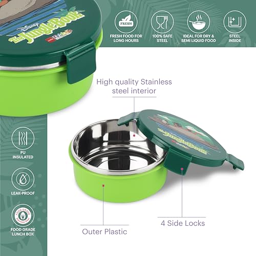 Image of CELLO Kidzbee Pluto Jungle Book Insulated Kids Lunch Box, Green | Silicone Food-Grade Seal Lid | 3D Touch & Feel Designs Tiffin | Leak Proof & Secure 4 Sided Click Locks | Ideal for School & Picnic