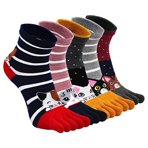 Image of ZAKASA Womens Toe Socks Funny Cat Dog Print Cotton Five Finger Socks Novelty Athletic Running Crew Ankle Socks Size 6-9