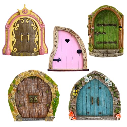 Orsefeliy 5 Stück Holz Feentür Wichteltür Dekoration Hölzerne Feen Türen für Garten Elfen Tür Yard Ornamente Miniatur Feentür Garten Märchenhafte Outdoor Kinder Dekorationset