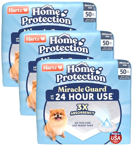 Image of Hartz Miracle Guard Dog and Puppy Dog Pads Max Absorbency 24 Hour Use Odor Eliminating No Leaks, Regular Size 50 Count (Pack of 3)