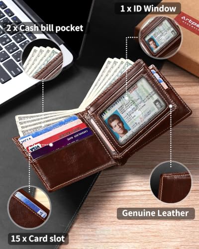 Image of Artpaxy Mens Wallet Bifold Genuine Leather RFID Blocking Wallet for Men with 1 ID Window 15 Card Holders 2 cash pockets 1 Gift Box