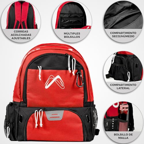 MONTALMO Rucksack für Basketball, Voley, Handball, mit Schuhfach und Ballfach, Sportrucksack für Jungen, Mädchen (Rot/Schwarz)