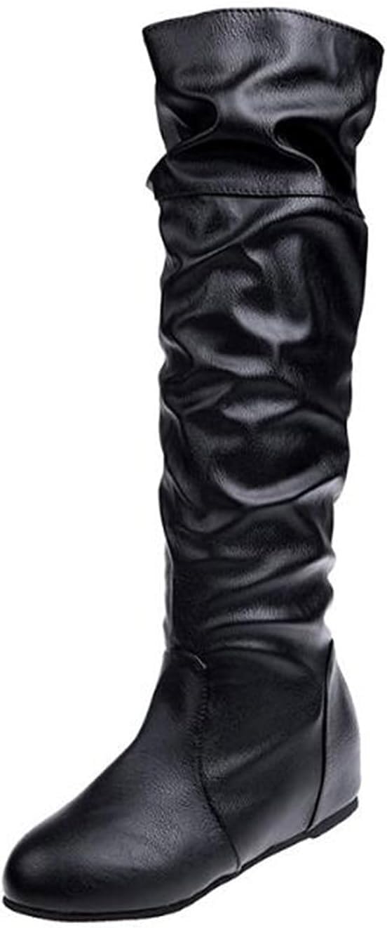 Women's Slouchy Knee High Boots Fall Winter Flat Wide Mid Calf Booties Comfy Slip On Riding Boot Shoes