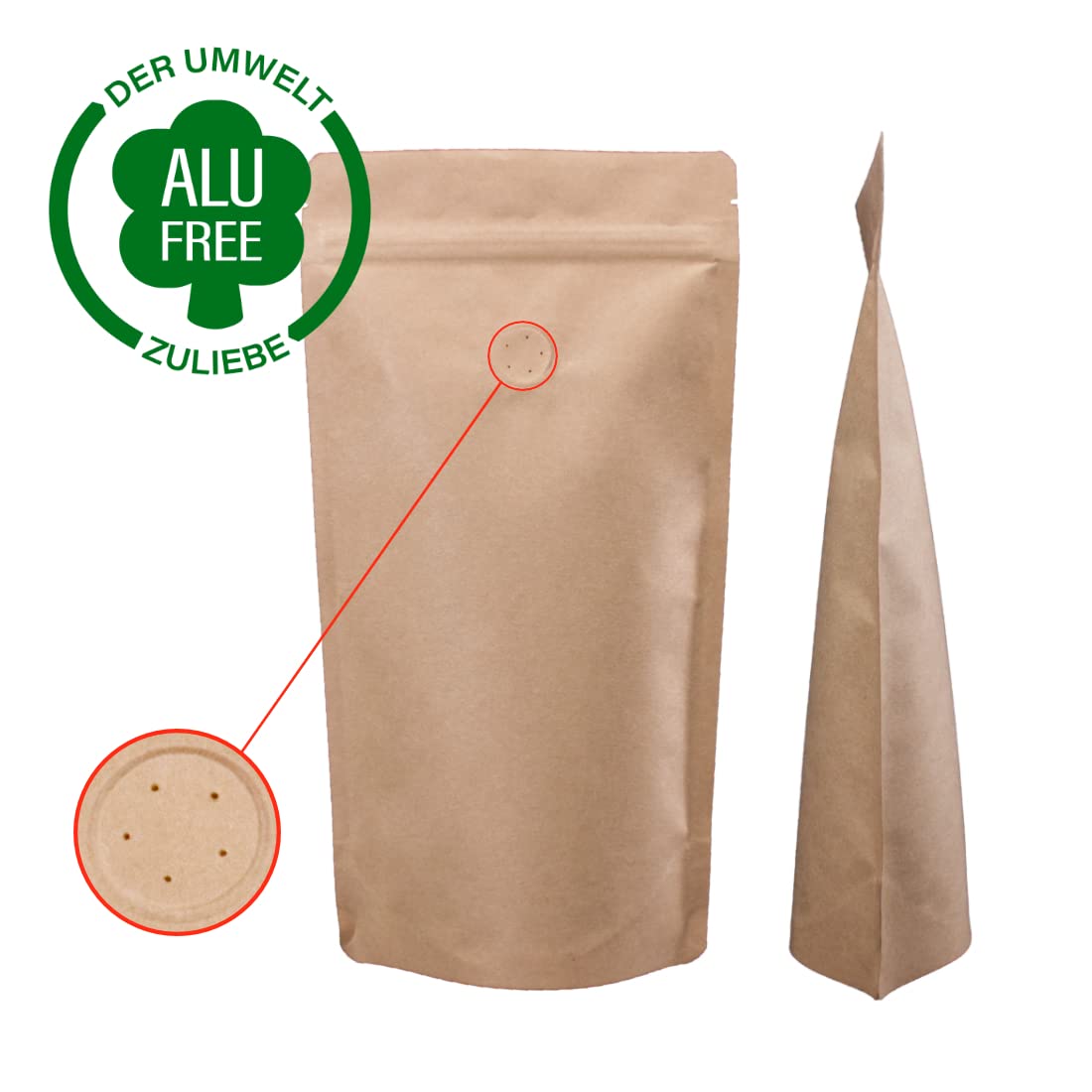Lacers Standbodenbeutel Kraftpapier in versch. Farben, High Barrier mit Ventil, Kaffeebeutel mit Aromaschutzventil, wiederverwendbar