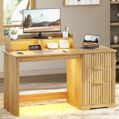 Lareth Computer Desk with Monitor Stand, 47 inch Home Office Desk with RGB LED Lights and Power Outlets, Writing Desk with Storage File Drawer for Working Gaming Writing, Wood