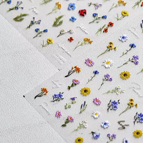 Embossed Sunflower Nail Art Sticker Small Daisy Little Wild Flower Nail Art Sticker Self-Adhesive Spring Summer Red Yellow Blue White Flower Nail Art Sticker Decal Design Nail Art Decoration For Women Girls Children (2 Sheets) + Multifunctional Nail Tweezers (1 Piece) #TOP2