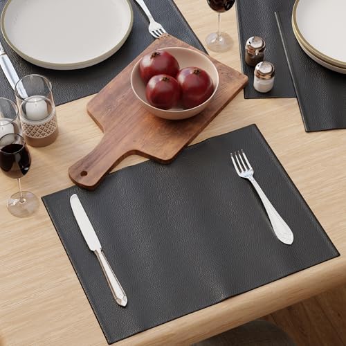 Image of Encasa XO Leather Dining Table Mats Set of 4 | Water Repellent & Heat Resistant Dining Table Mats | Washable & Easy to Clean Placemats for Kitchen Decor - 42x30 cm (Navy Blue)