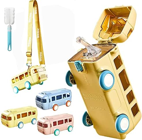 Portable Water Cup In Bus Shape,2023 Newest 16oz Kawaii Car Water Cup with Strap and Straw, Detachable Double Leak-Proof Locking Flip Lid Drinking Cup For Outdoor And School (A-Yellow)