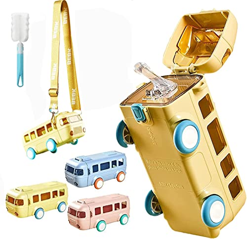 Portable Water Cup In Bus Shape,2023 Newest 16Oz Kawaii Car Water Cup With Strap And Straw, Detachable Double Leak-Proof Locking Flip Lid Drinking Cup For Outdoor And School (A-Yellow) #TOP1