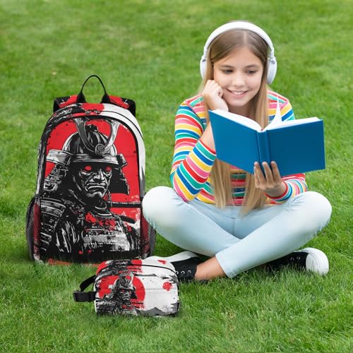 Backpack Samurai Japanese Red for School Boys Girls and Teens, Backpack for Men and Women, Lightweight Bookbag with Lunch Box Travel Laptop Daypack 18.5 x 11.8 In2