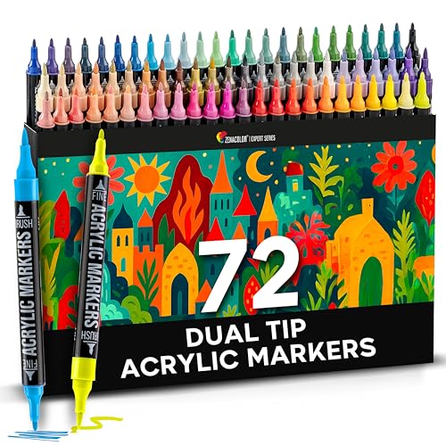 Zenacolor - Feutre Acrylique 72 Couleurs - Double Pointe - Pinceau & Fine - Feutres pour Coloriage Adulte - Feutres Acrylique Idéal pour Multi-Surfaces