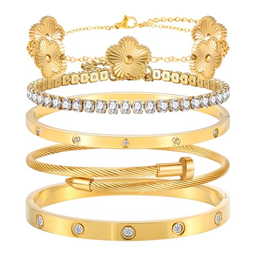 18K Gold Plated Womens Stackable Floral & Clover Bracelet Set - 5Pcs Stainless Steel Bangles, Non-Tarnish Trendy Jewelry | Gifts for Women's Day, Mother's Day, Christmas, Valentine's & Birthdays