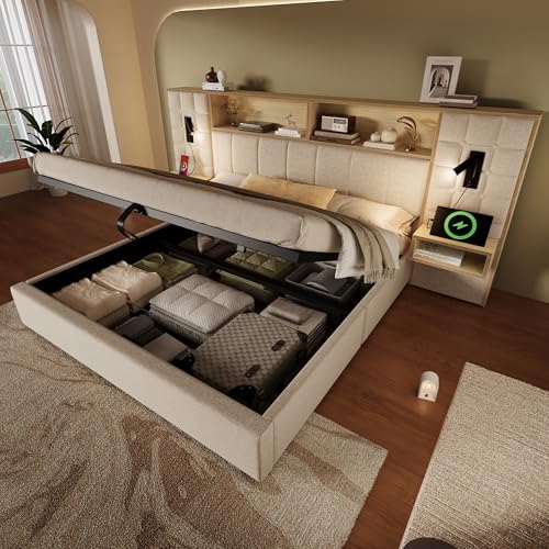 Zepneiy Lit 180x200 avec sommier et LED et Rangements, Lit Double capitonné avec Tables de Chevet et Port Chargement USB Type-C, Lin Beige (sans Matelas)