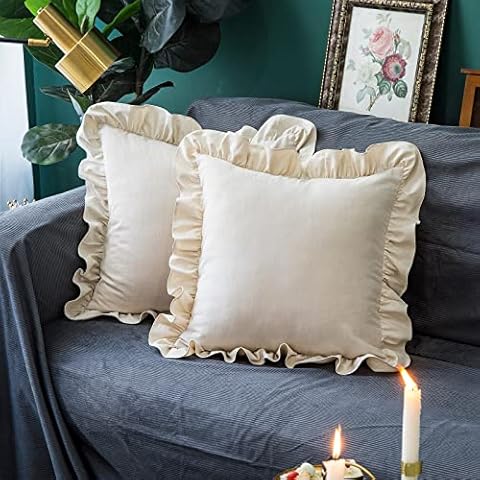 GLORY SEASON Throw Pillow Covers 2 Pack 100% Cotton Retro Ruffle Flounces Trim Solid Beige Square Decorative Pillow Cases for Farmhouse Cushion Case for Home Sofa Couch Decor 18x18 Inch Cover
