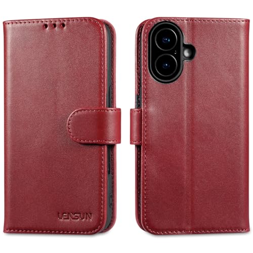 Étui iPhone 16 anti-piratage RFID LENSUN housse portefeuille bordeaux antichoc