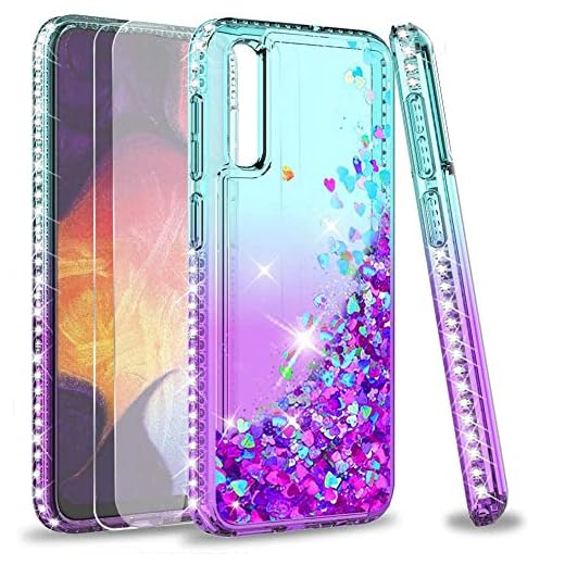 LeYi för Samsung Galaxy A50/A50S/A30S fodral och skärmskydd i härdat glas [2-pack], flicka 3D glitter vätska söt personlig klar silikon stötsäkert telefonfodral för Samsung A50 grön lila