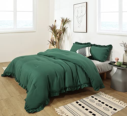 Janzaa Ruffle Green Comforter Set Queen Size Comforter 3Pcs 1 Emerald Comforter And 2 Pillowcases Vintage Farmhouse Shabby Chic Bedding Soft Fluffy Comforter Set All Season #TOP7