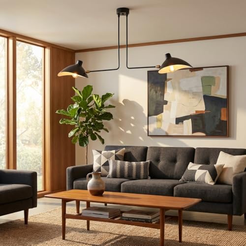 BARCELONA LED Lampada a Sospensione Industriale Nera Vintage in Metallo 2xE27, Grande Lampadario Soffitto Moderno Stile Retrò con Bracci Curvi Orientabili, Sala da Pranzo Camera Ufficio