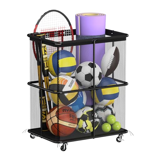HEOMU Ball Storage Bin Rolling Garage Ball Storage Cart with Lockable Wheels, Metal Frame Mesh...