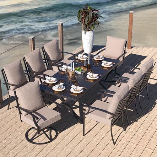 Kullavik 9 Pieces Outdoor Dining Set Patio Dining Table and Chairs Set for 8 Fence Pattern Back Chairs with Thickened Cushions & Rectangular Metal Dining Table with Umbrella Hole for Patio Sand