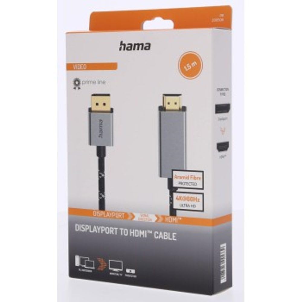 Hama Câble DisplayPort vers HDMI 4K 1,50m Garantie 30ANS (Ultra HD, 4K, aluminium, connecteurs plaqués or, double blindage, Gaine renforcée en fibres d'aramide) noir