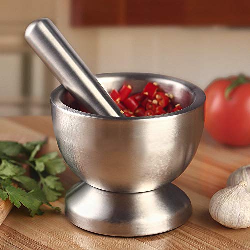 Pestle And Mortar Heavy Duty Brushed Stainless Steel Mortar And Pestle Set With Lid Spice Grinder Mixer #TOP2