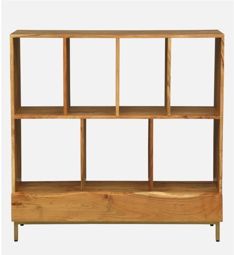 Image of Boston Modern Bookshelf Storage for Living Room & Study | Acacia Wood, Natural Finish | Wooden Book Shelf with Doors & Open Display Racks | Modular Storage Unit for Home Office