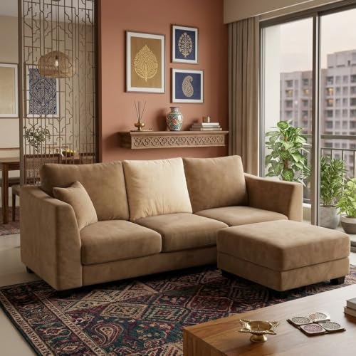Image of SOCOZI Trevano 4 Seater L Shape Sofa Set with Movable Ottoman | Flexible Left or Right Layout | Soft Velvet Suede Fabric | Modern Design | Plush Comfort Cushions for Living Room (Beige-Cream)