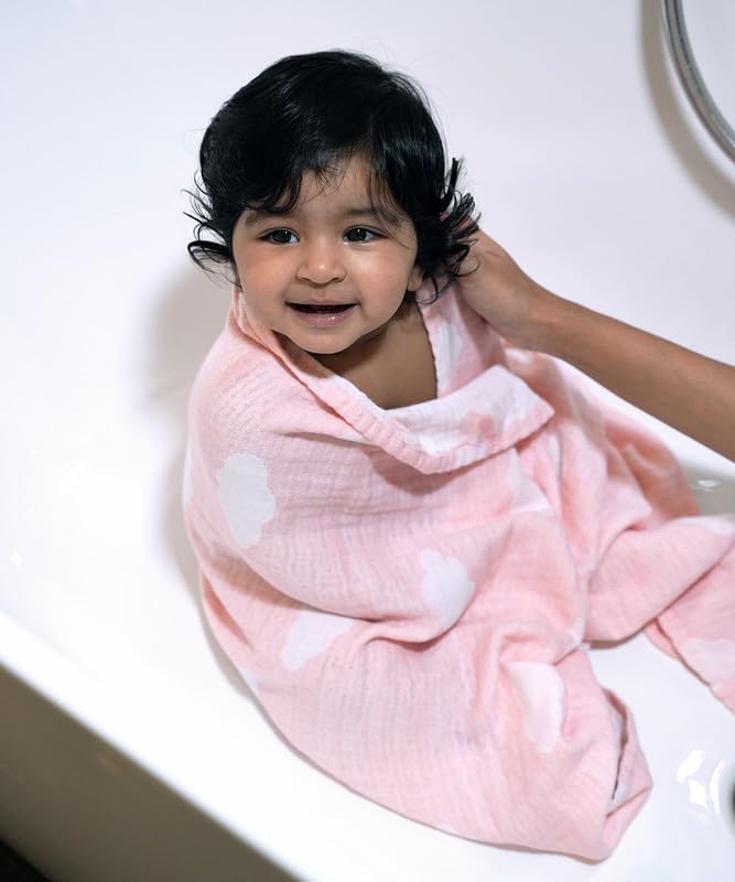 Doctor Towels Aloe Vera Baby Bath Bunny Towel, 60 x 120 cm, 300 GSM, 2 Free Reusable Washcloths Soft with 1 Towels for Newborn, Soft Baby Towels for 0 to 2 Years, Dreamy Clouds Pink Skies-image-13