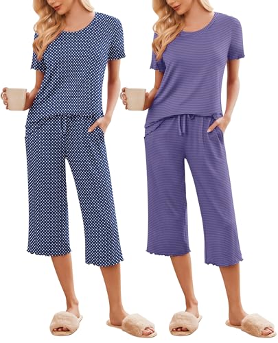 Image of Ekouaer 2 Pack: Women's Pajamas Set Short Sleeve Sleepwear Capri Pants Pjs Soft Loungewear with Pockets